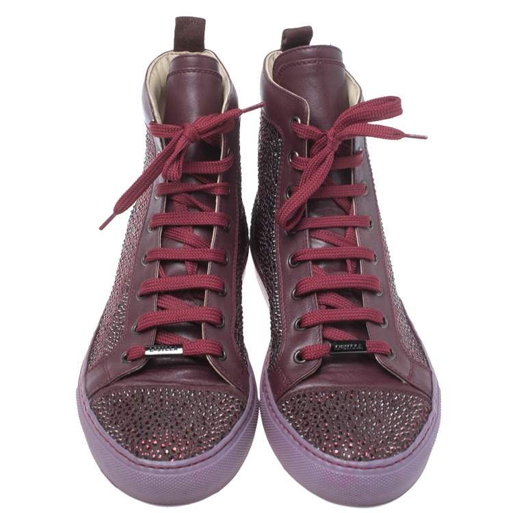 Pre Owned Le Silla Burgundy Crystal Embellished Leather High Top Sneakers Size 38