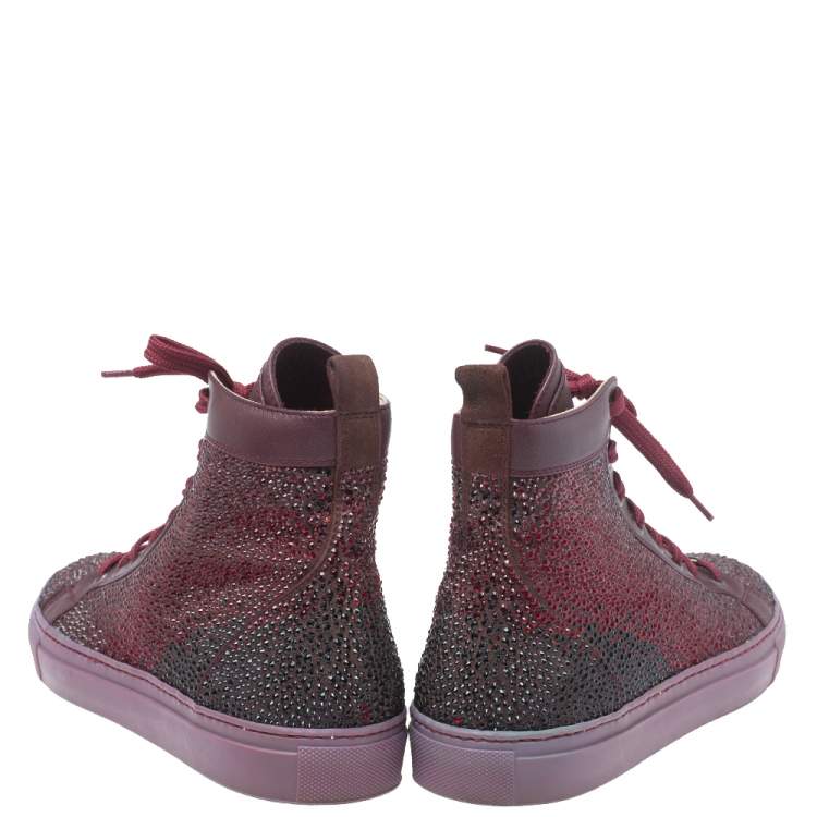 Pre Owned Le Silla Burgundy Crystal Embellished Leather High Top Sneakers Size 38