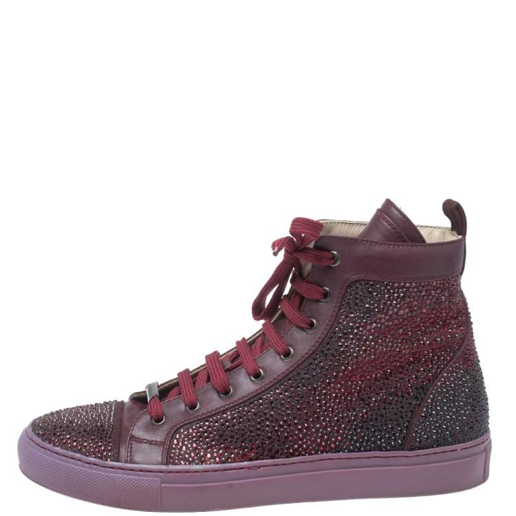 Pre Owned Le Silla Burgundy Crystal Embellished Leather High Top Sneakers Size 38