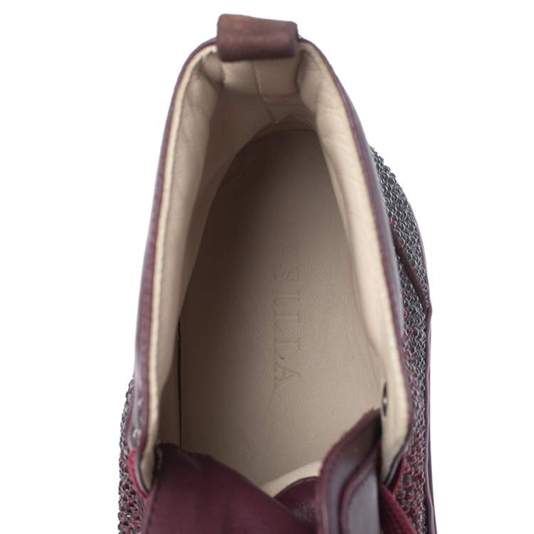 Pre Owned Le Silla Burgundy Crystal Embellished Leather High Top Sneakers Size 38