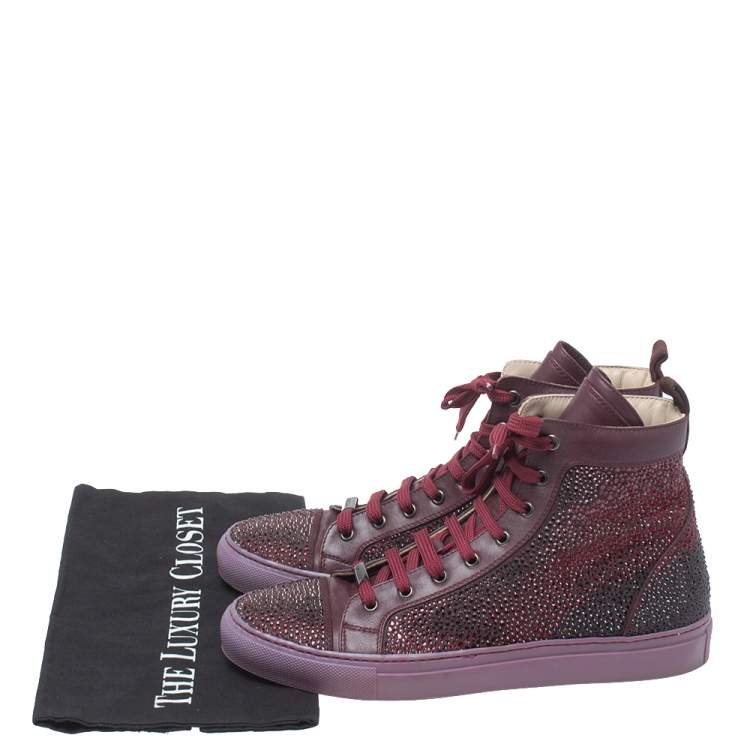 Pre Owned Le Silla Burgundy Crystal Embellished Leather High Top Sneakers Size 38