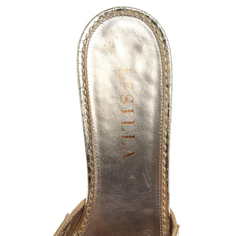 Pre Owned Le Silla Golden Python Embossed Leather Laser Cut Slide Sandals Size 36