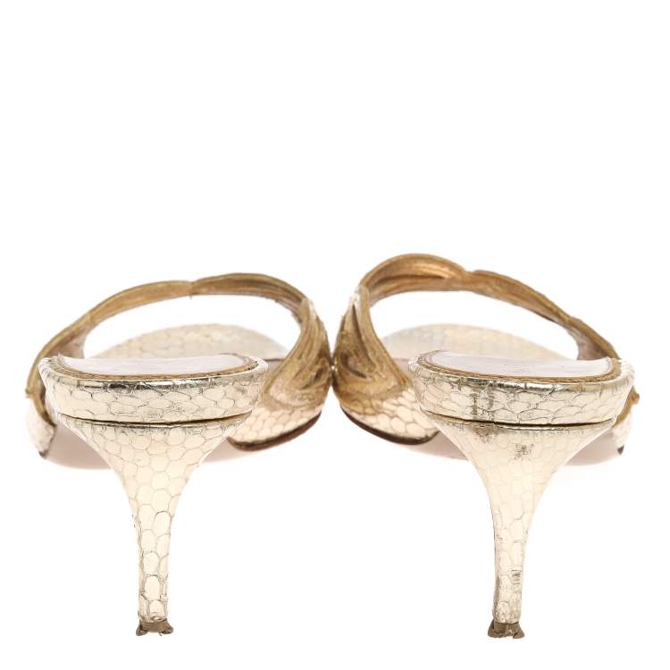 Pre Owned Le Silla Golden Python Embossed Leather Laser Cut Slide Sandals Size 36
