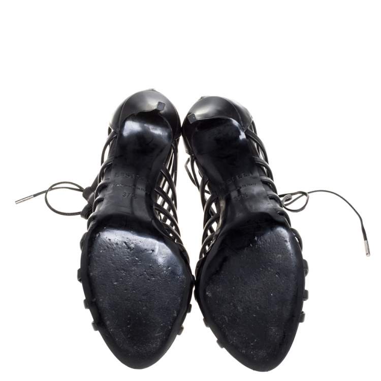 Pre Owned Le Silla Black Leather Cage  Ankle Lace Up Sandals Size 37.5