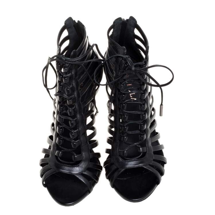 Pre Owned Le Silla Black Leather Cage  Ankle Lace Up Sandals Size 37.5