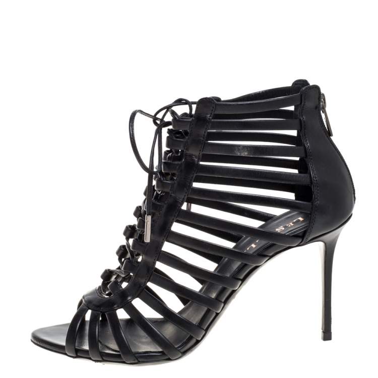 Pre Owned Le Silla Black Leather Cage  Ankle Lace Up Sandals Size 37.5