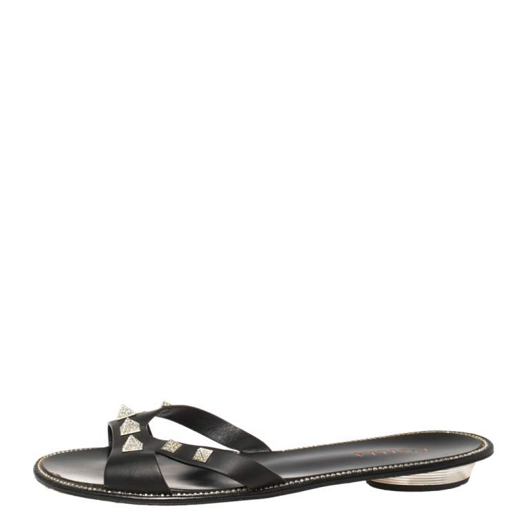 Pre Owned Le Silla Black Leather Studded Flat Slide Sandals Size 40