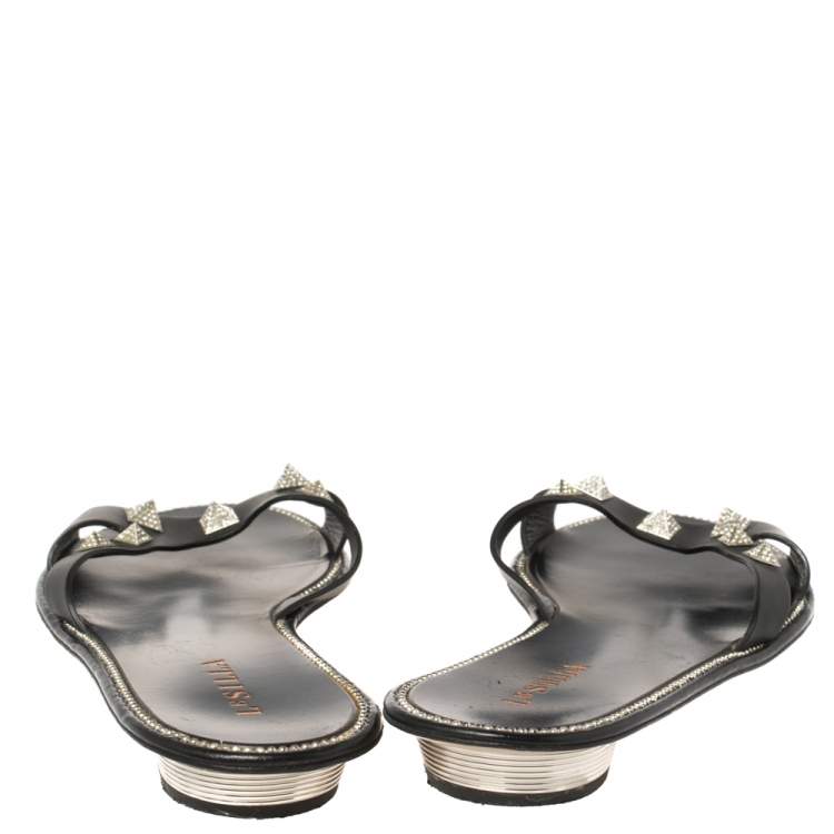 Pre Owned Le Silla Black Leather Studded Flat Slide Sandals Size 40
