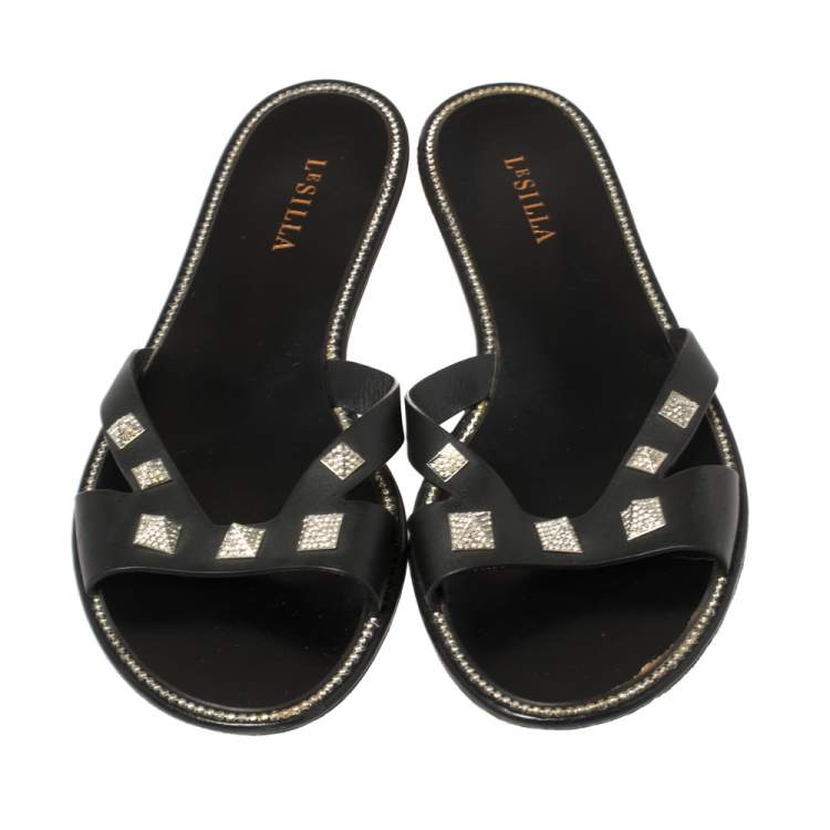 Pre Owned Le Silla Black Leather Studded Flat Slide Sandals Size 40