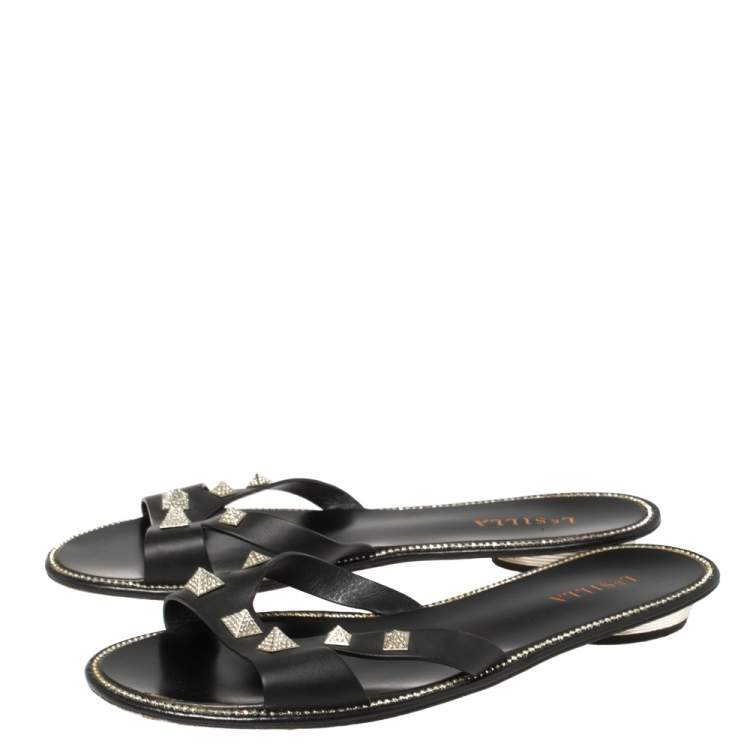 Pre Owned Le Silla Black Leather Studded Flat Slide Sandals Size 40