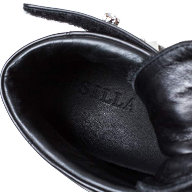 Pre Owned Le Silla Black Calf Hair and Leather Crystal Embellished High Top Sneakers Size 40