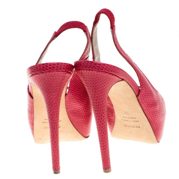 Pre Owned Le Silla Red Lizard Embossed Leather Slingback Platform Sandals Size 39