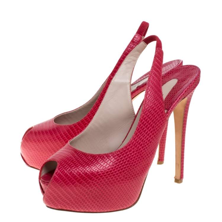 Pre Owned Le Silla Red Lizard Embossed Leather Slingback Platform Sandals Size 39