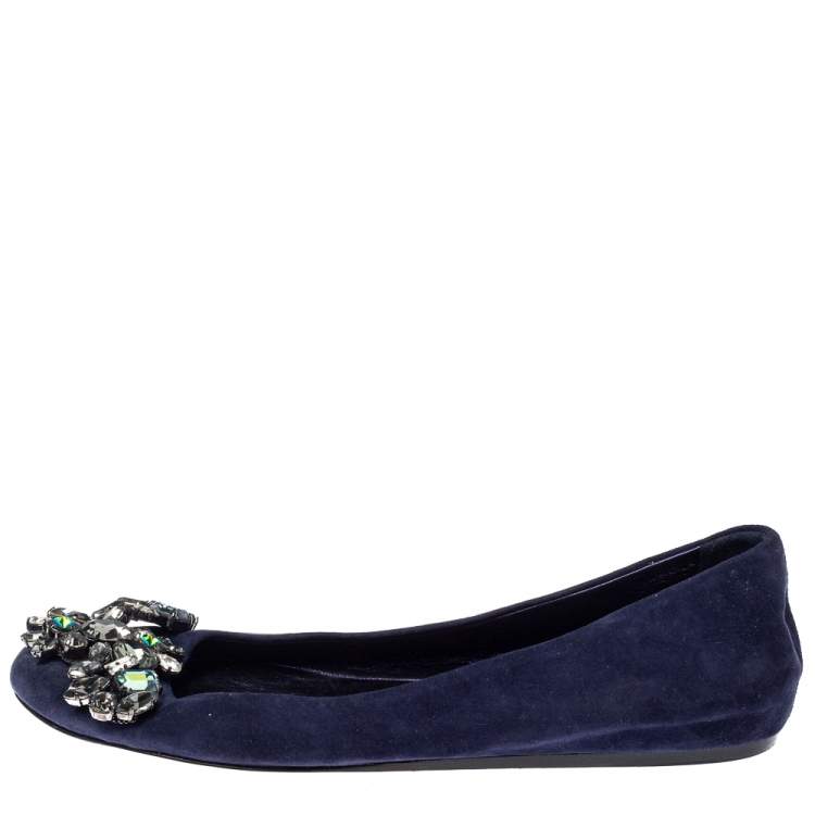 Pre Owned Le Silla Blue Suede Crystal Embellished  Ballet Flats Size 36