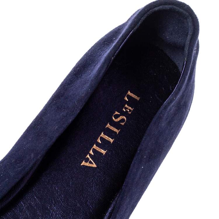 Pre Owned Le Silla Blue Suede Crystal Embellished  Ballet Flats Size 36