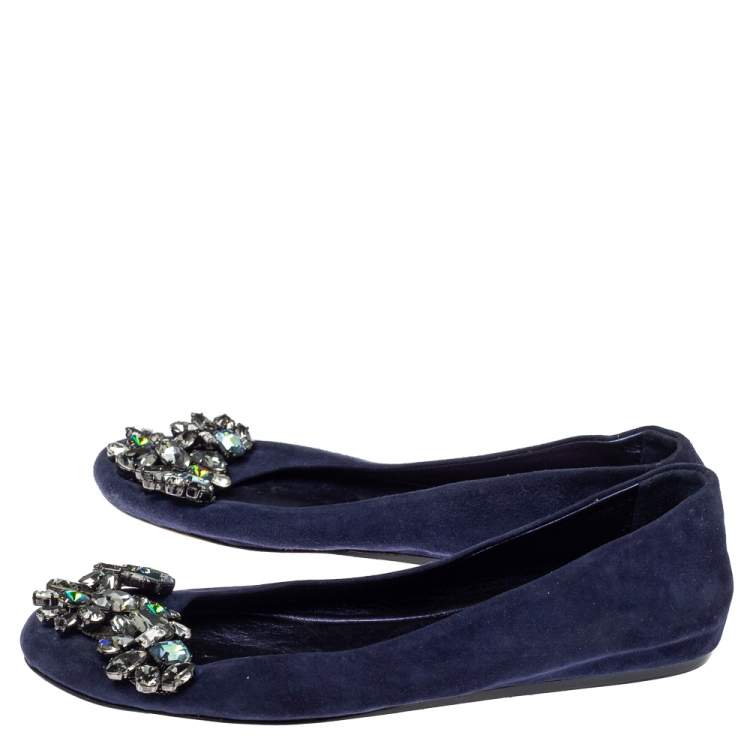 Pre Owned Le Silla Blue Suede Crystal Embellished  Ballet Flats Size 36