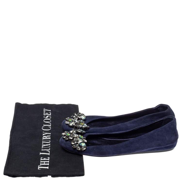 Pre Owned Le Silla Blue Suede Crystal Embellished  Ballet Flats Size 36