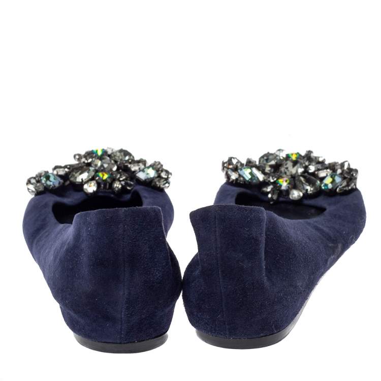 Pre Owned Le Silla Blue Suede Crystal Embellished  Ballet Flats Size 36