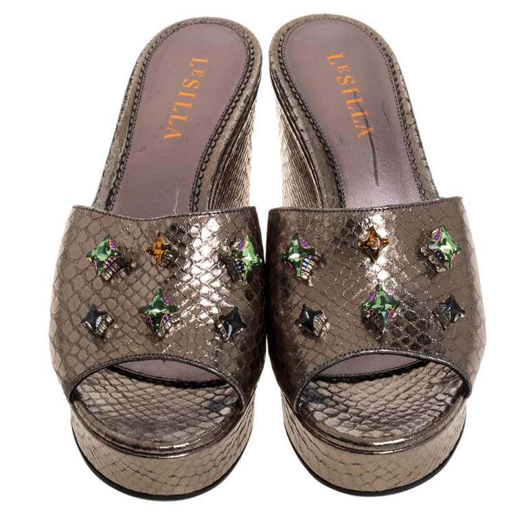 Pre Owned  Le Silla Metallic Gold Python Effect Leather Crystal Embellished Wedge Platforms Size 39