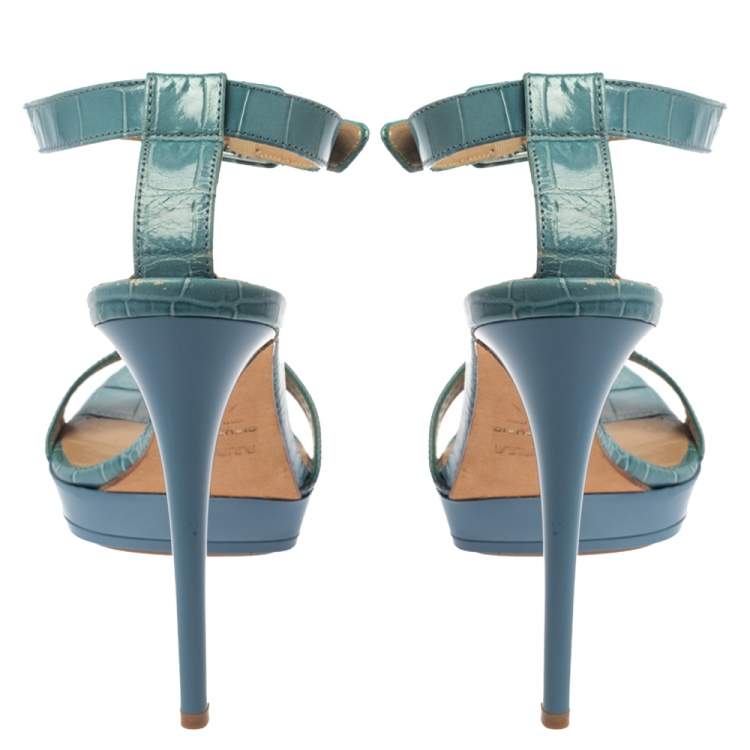 Pre Owned Le Silla Blue Croc Embossed Leather Embossed T-Strap Platform Sandals Size 37