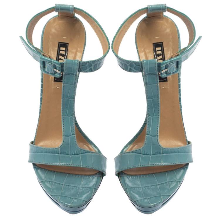 Pre Owned Le Silla Blue Croc Embossed Leather Embossed T-Strap Platform Sandals Size 37