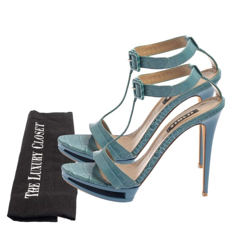 Pre Owned Le Silla Blue Croc Embossed Leather Embossed T-Strap Platform Sandals Size 37