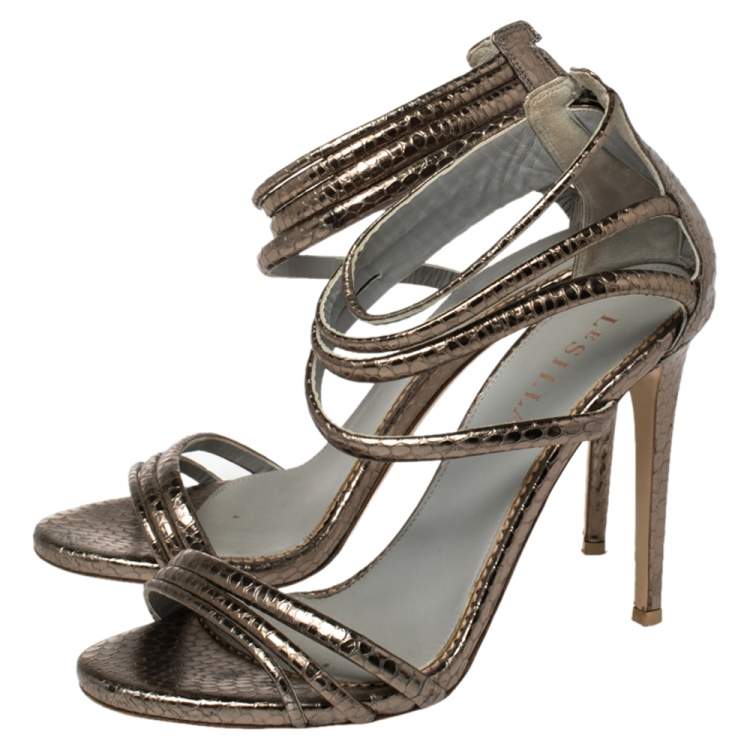 Pre Owned Le Silla Metallic Python Embossed Leather  Ankle Strap Sandals Size 38
