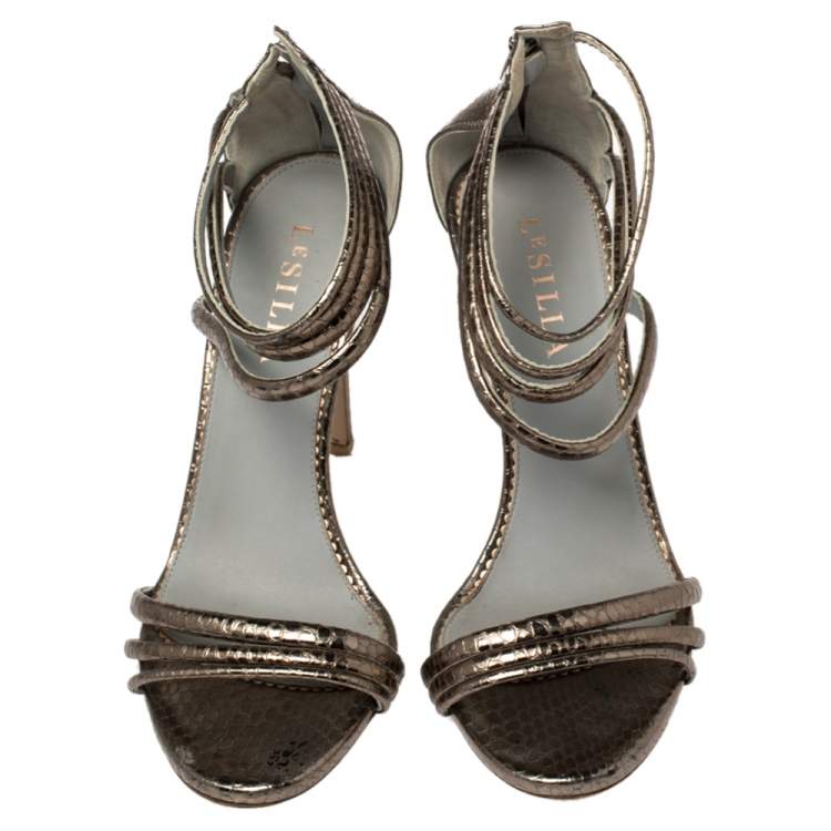 Pre Owned Le Silla Metallic Python Embossed Leather  Ankle Strap Sandals Size 38