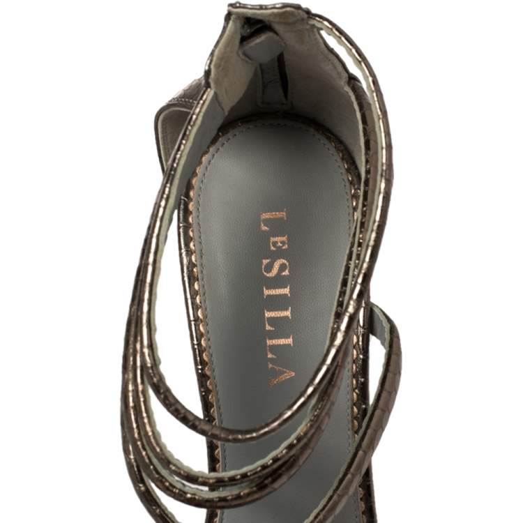Pre Owned Le Silla Metallic Python Embossed Leather  Ankle Strap Sandals Size 38