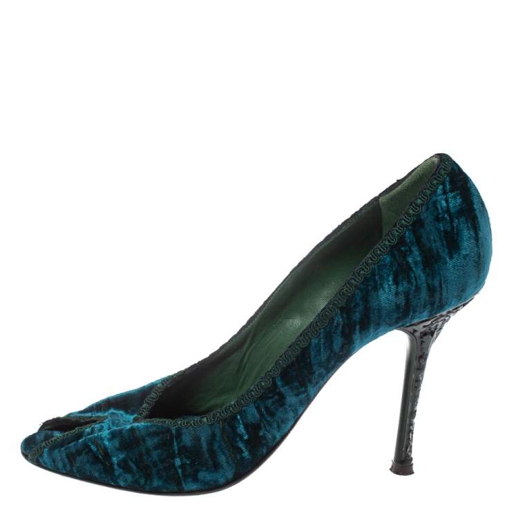 Pre Owned Le Silla Blue/Green Velvet Peep Toe Pumps Size 37