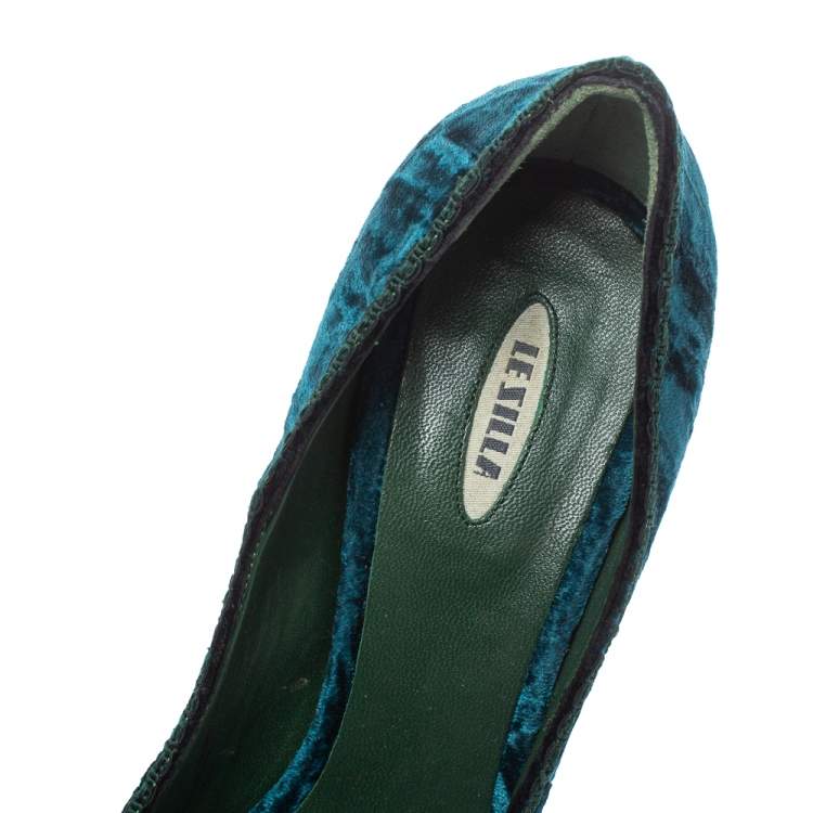 Pre Owned Le Silla Blue/Green Velvet Peep Toe Pumps Size 37