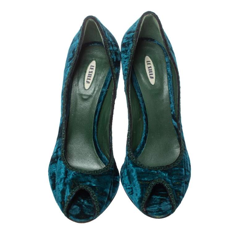 Pre Owned Le Silla Blue/Green Velvet Peep Toe Pumps Size 37