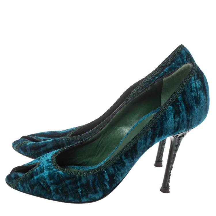 Pre Owned Le Silla Blue/Green Velvet Peep Toe Pumps Size 37