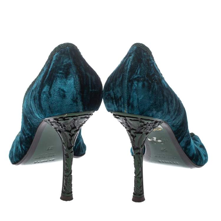 Pre Owned Le Silla Blue/Green Velvet Peep Toe Pumps Size 37