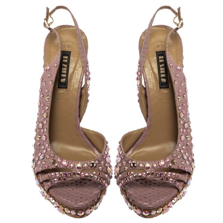 Pre Owned Le Silla Purple Crystal Embellished Leather Peep Toe Platform Sandals Size 38
