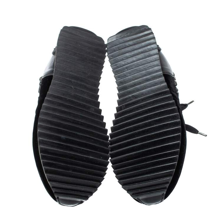 Pre Owned Le Silla Black Velvet and Leather Crystal Embellished Low Top  Sneakers Size 36.5