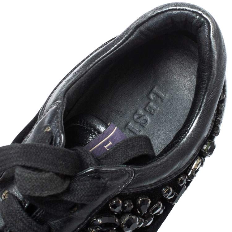 Pre Owned Le Silla Black Velvet and Leather Crystal Embellished Low Top  Sneakers Size 36.5