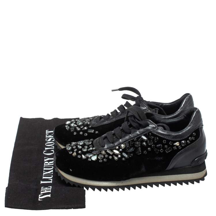 Pre Owned Le Silla Black Velvet and Leather Crystal Embellished Low Top  Sneakers Size 36.5