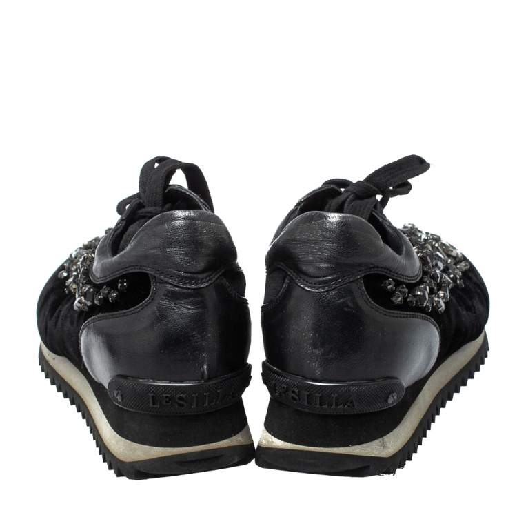 Pre Owned Le Silla Black Velvet and Leather Crystal Embellished Low Top  Sneakers Size 36.5