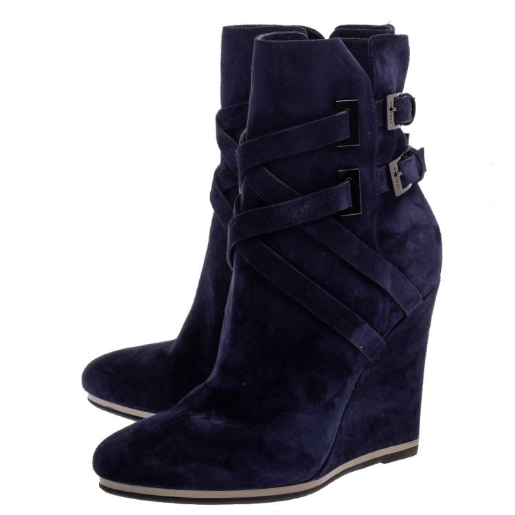 Pre Owned Le Silla Blue Suede Wedge Ankle Boots Size 38.5