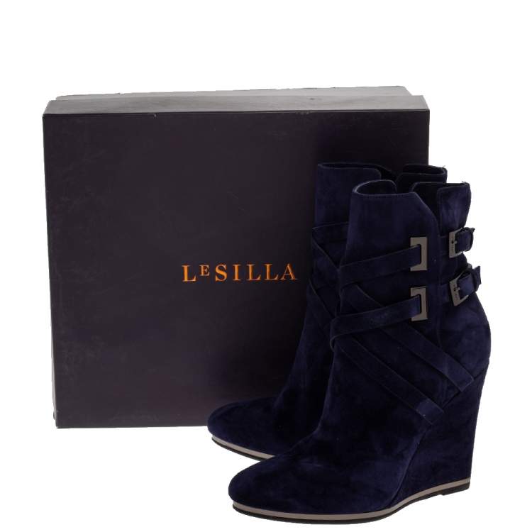 Pre Owned Le Silla Blue Suede Wedge Ankle Boots Size 38.5