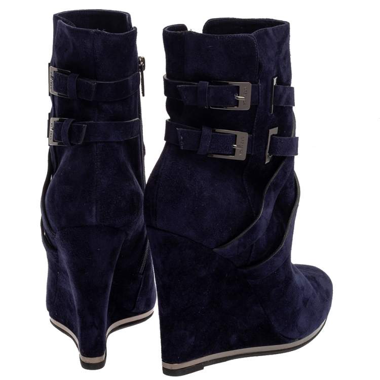 Pre Owned Le Silla Blue Suede Wedge Ankle Boots Size 38.5