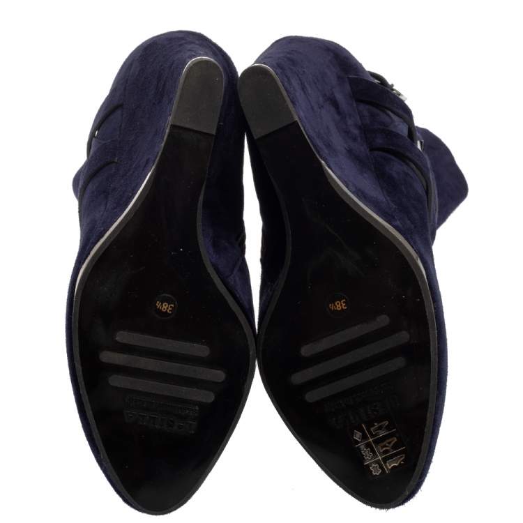 Pre Owned Le Silla Blue Suede Wedge Ankle Boots Size 38.5