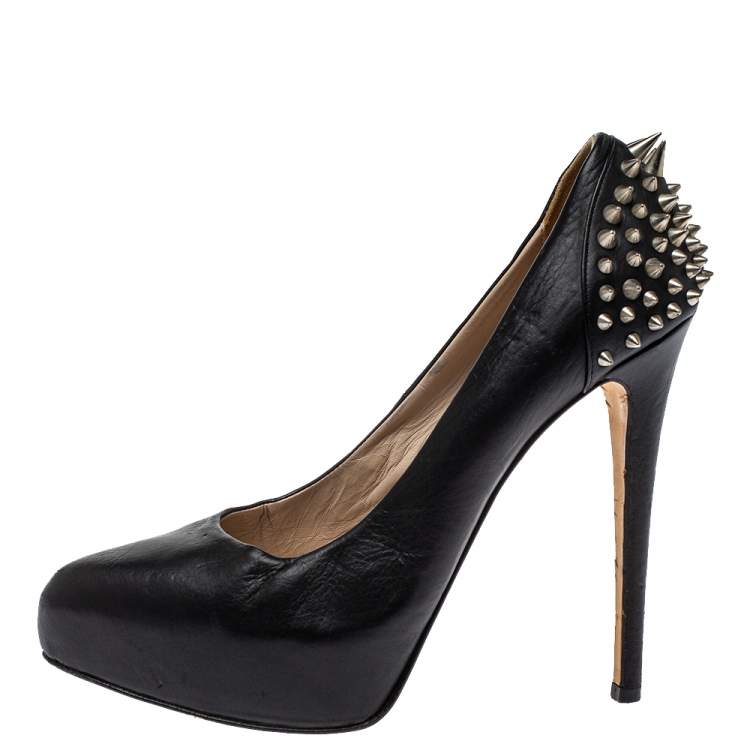 Pre Owned Le Silla Black Leather Spike Peep Toe Platform Pumps Size 36