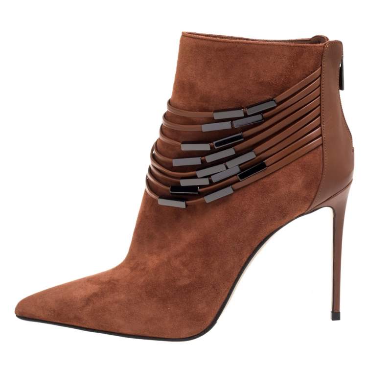 Pre Owned Le Silla Brown Suede Strap Embellished Ankle Booties Size 37.5
