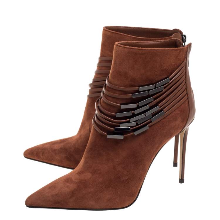 Pre Owned Le Silla Brown Suede Strap Embellished Ankle Booties Size 37.5