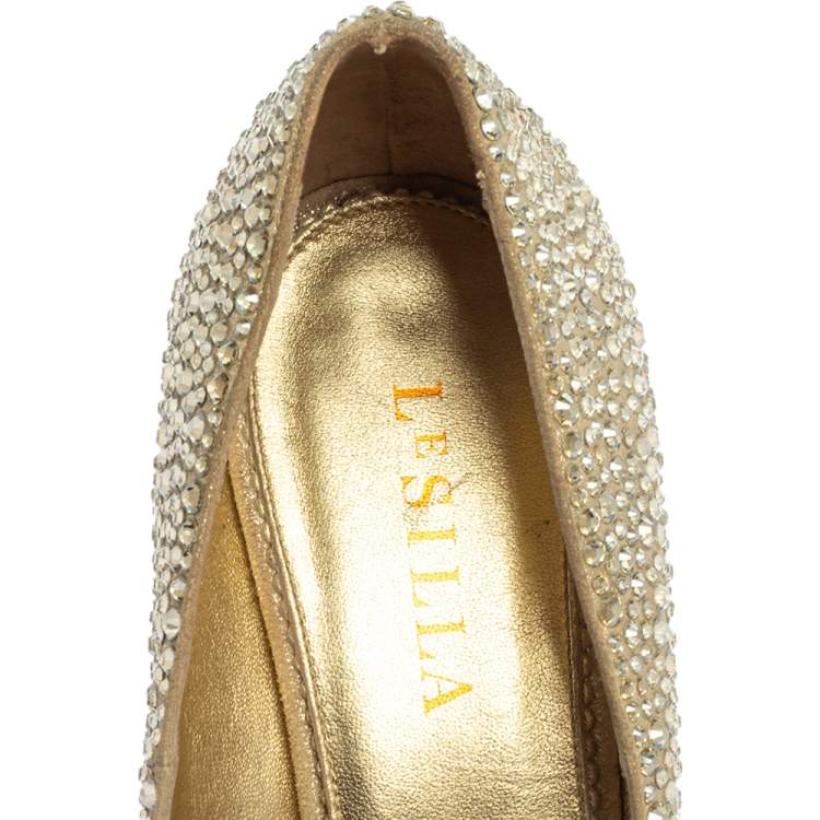 Pre Owned Le Silla Metallic Gold Leather Crystal Embellished  Peep Toe Platform Pumps Size 40
