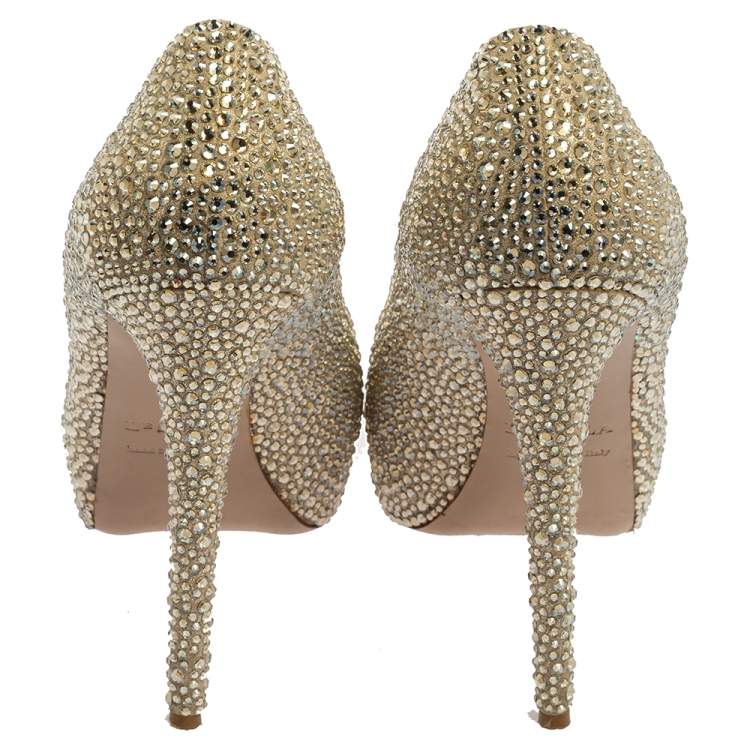 Pre Owned Le Silla Metallic Gold Leather Crystal Embellished  Peep Toe Platform Pumps Size 40