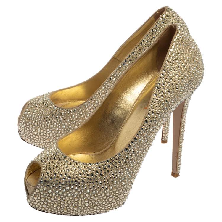 Pre Owned Le Silla Metallic Gold Leather Crystal Embellished  Peep Toe Platform Pumps Size 40