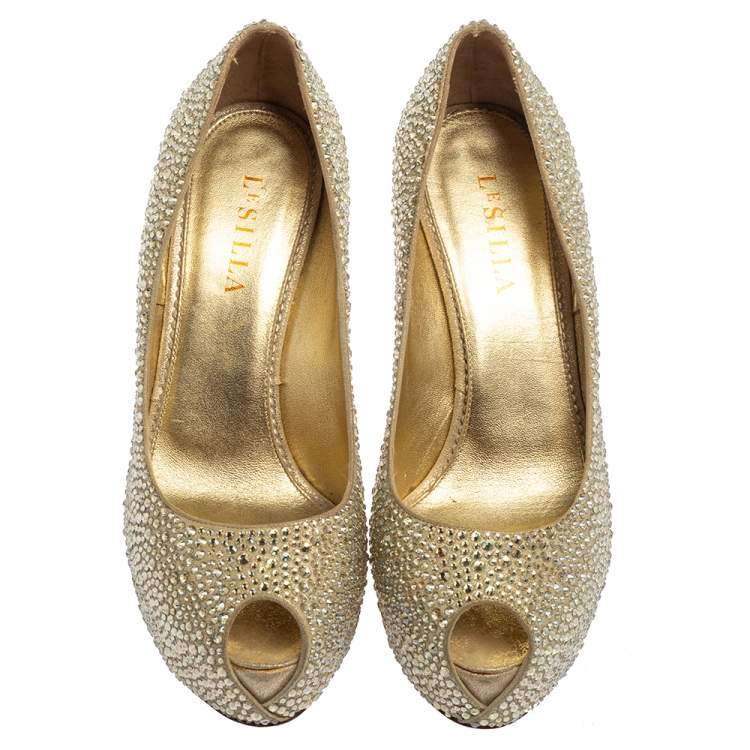 Pre Owned Le Silla Metallic Gold Leather Crystal Embellished  Peep Toe Platform Pumps Size 40